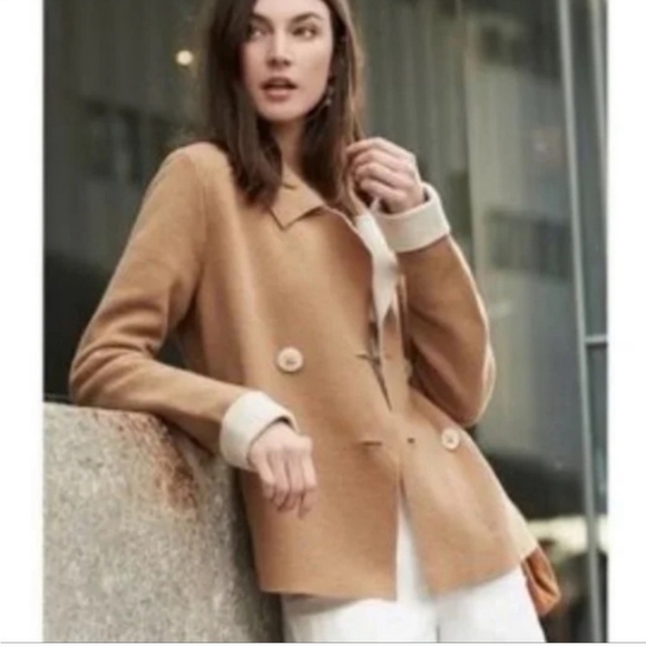 Anthropologie HWR Monogram Wool Blend Camel Double Breasted  Coat  Small - Picture 2 of 14